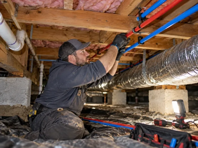 Plumber installing red and blue PEX pipes in a crawl space during a whole-house repiping project.