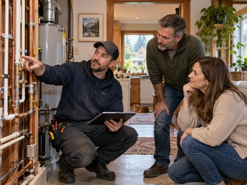 Plumber showing homeowners aging copper pipes beside a water heater before a whole-house repipe.
