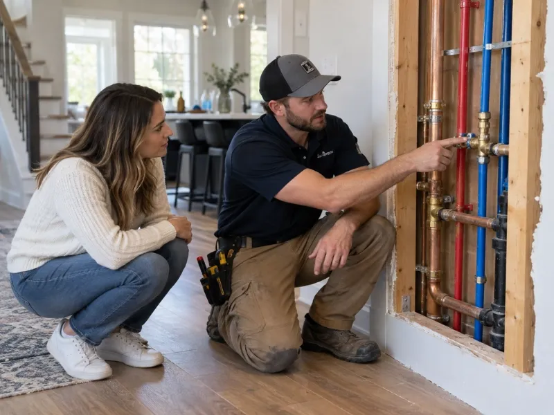 Repipe specialist showing a homeowner new PEX lines beside old copper pipes inside an open wall.