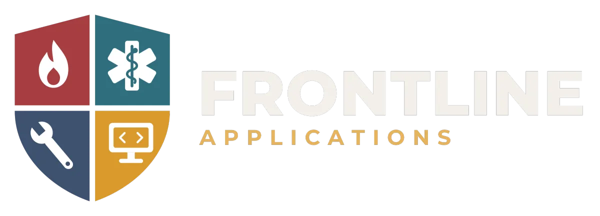 Frontline Applications logo featuring icons representing fire, EMS, home services, and digital solutions, signifying services
