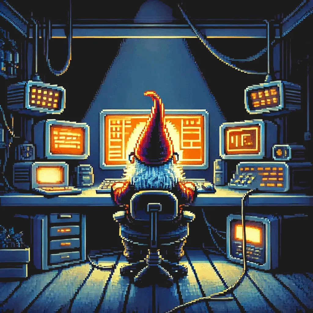 A gnome working on computer in a computer lab.