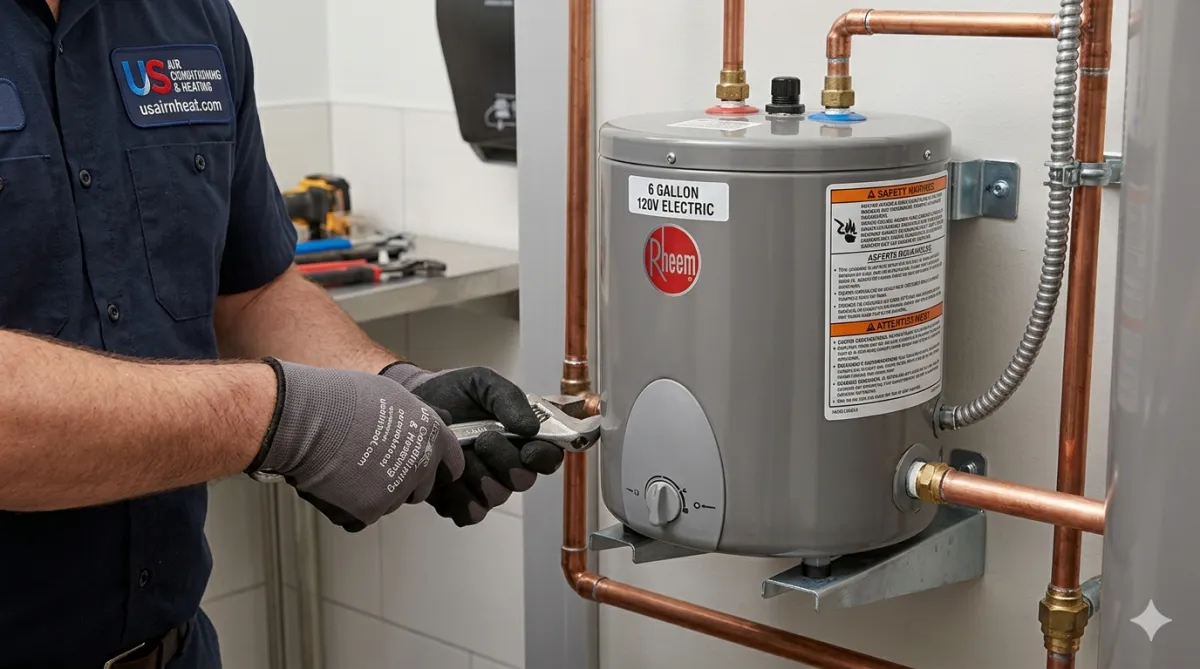 Rheem water heater installation at a commercial facility in Port Jefferson Station, NY by US Air Conditioning & Heating