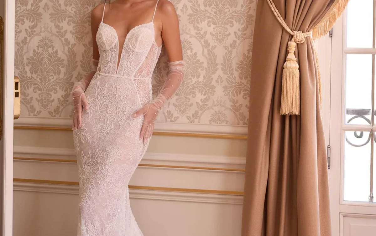 A close up of a person wearing a wedding dress