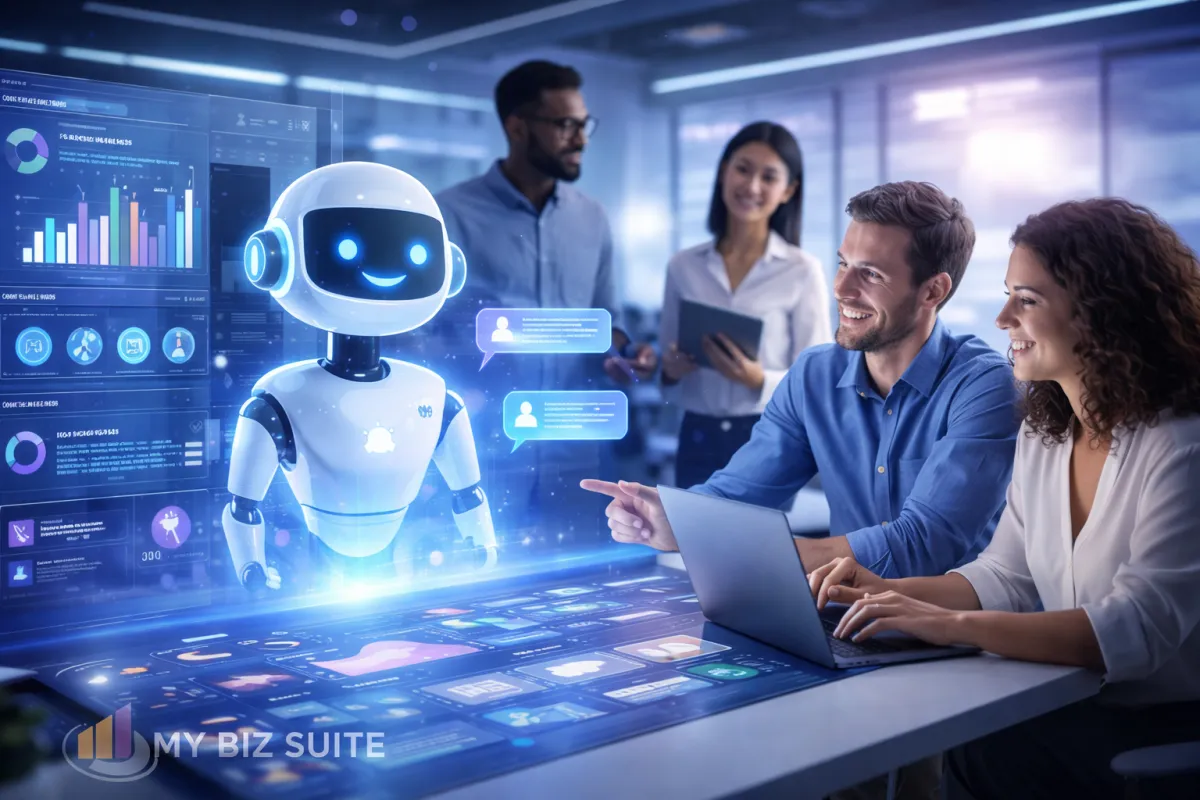 Team interacting with AI customer service chatbot and digital support analytics dashboard in a modern office.