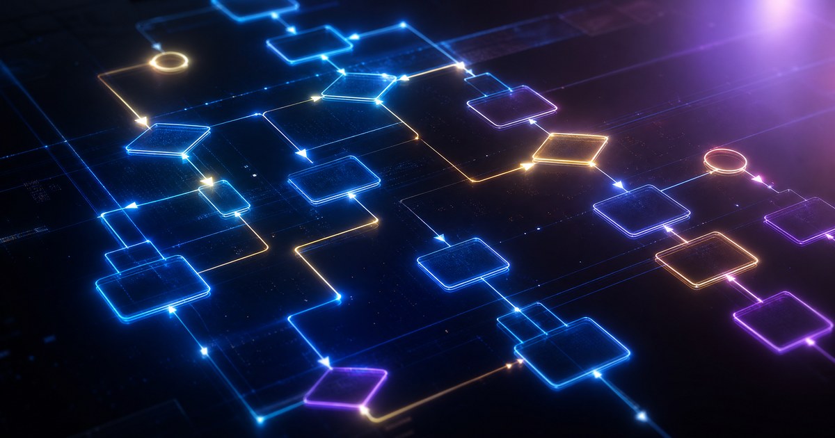 Glowing visual workflow map with connected decision paths