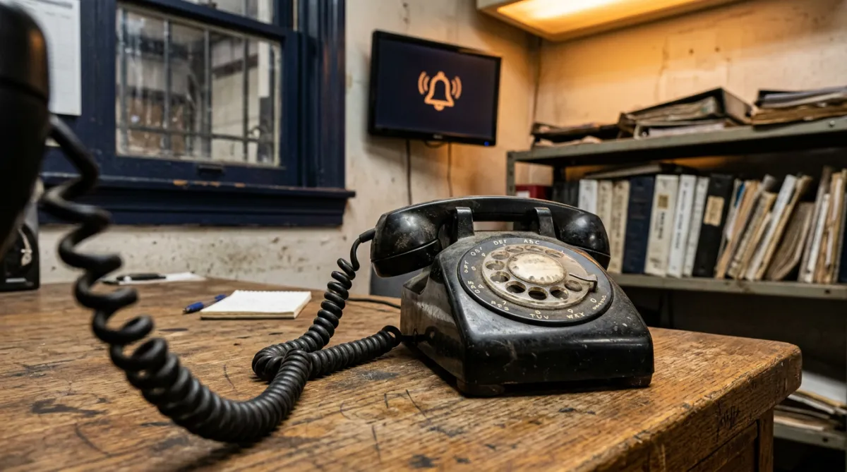Ringing phone left unanswered on a small business office desk inside an auto repair shop