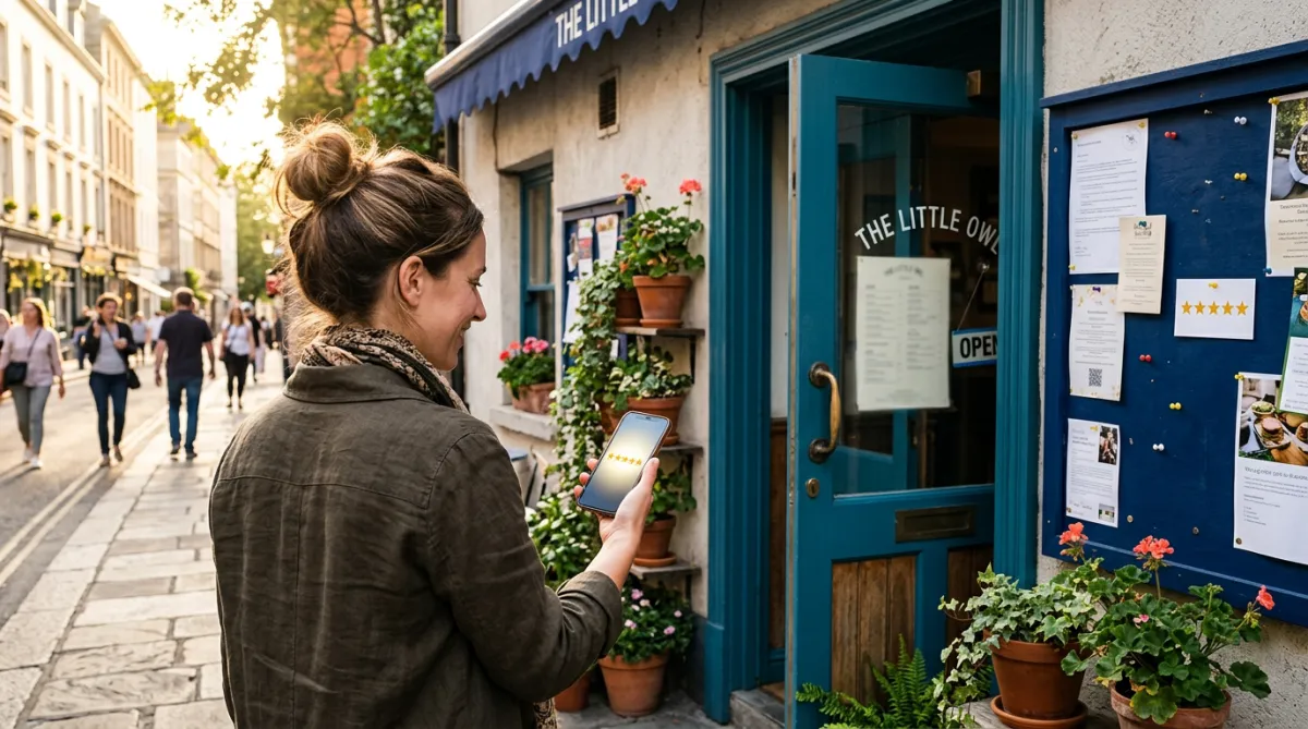 Happy customer outside a small restaurant holding a phone displaying a five-star review confirmation screen