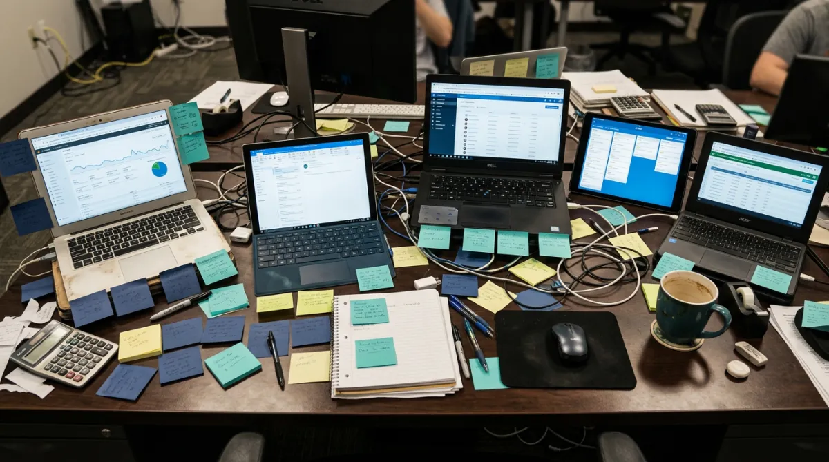 Overhead view of a chaotic small business desk with five open laptops showing different apps, cables tangled, sticky notes everywhere