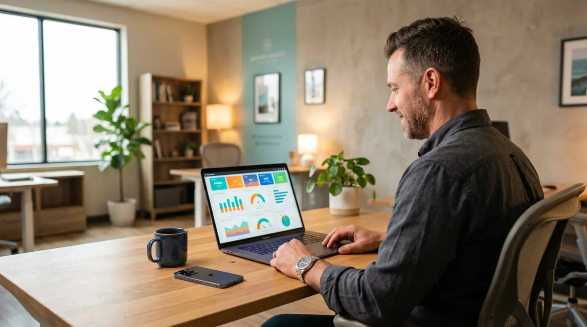 Small business owner reviewing a unified dashboard on a laptop at a clean desk