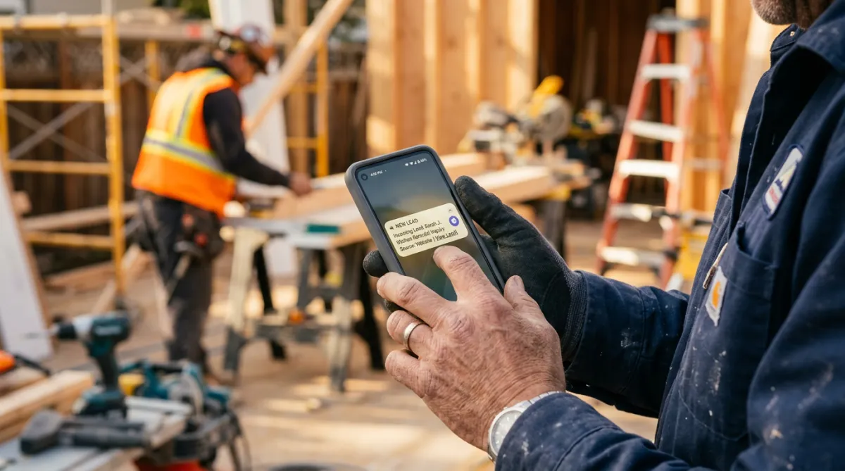 Contractor in the field holding a smartphone showing an incoming lead alert notification