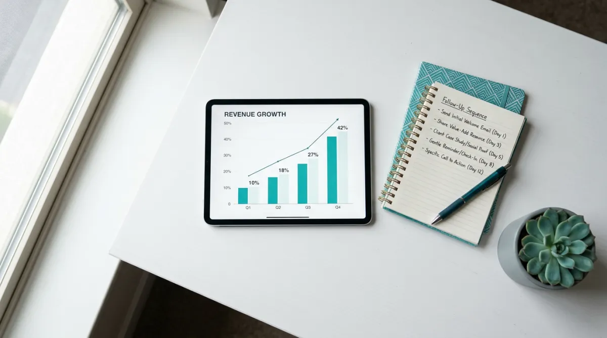 Overhead flat-lay of a tablet showing rising revenue stats beside handwritten notes on follow-up sequences