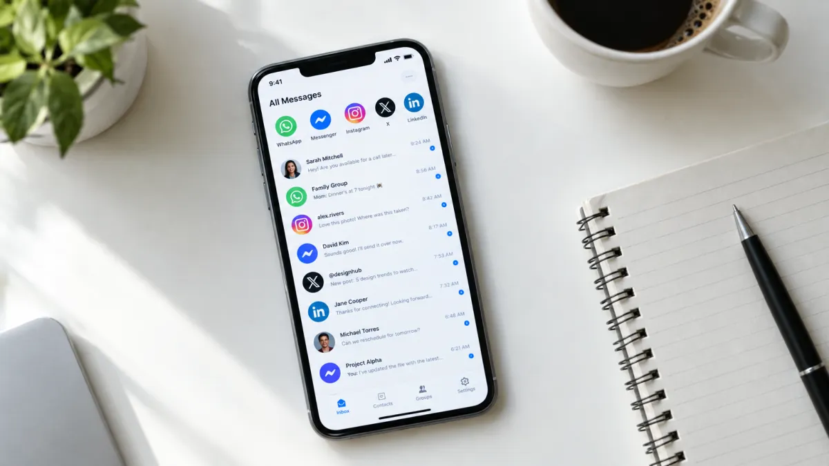 Bird's-eye flat-lay of a smartphone showing a unified messaging inbox with multiple platform channels on a clean desk