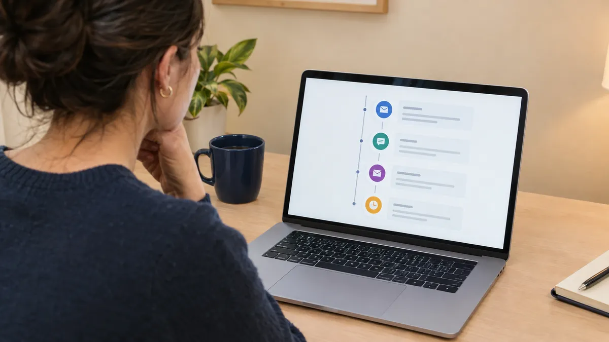 Small business owner reviewing a customer follow-up sequence on a laptop from an over-the-shoulder angle at a clean navy-accented desk