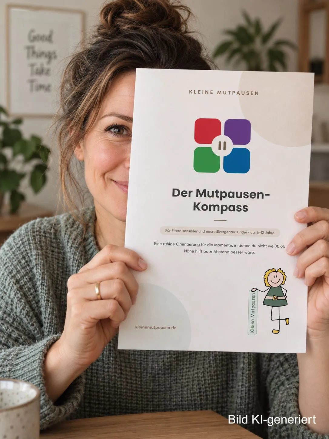 Portrait: Frau hält den Mutpausen-Kompass in die Kamera