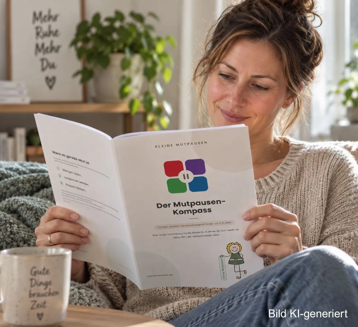 Frau sitzt auf einem Sofa und liest den Mutpausen-Kompass