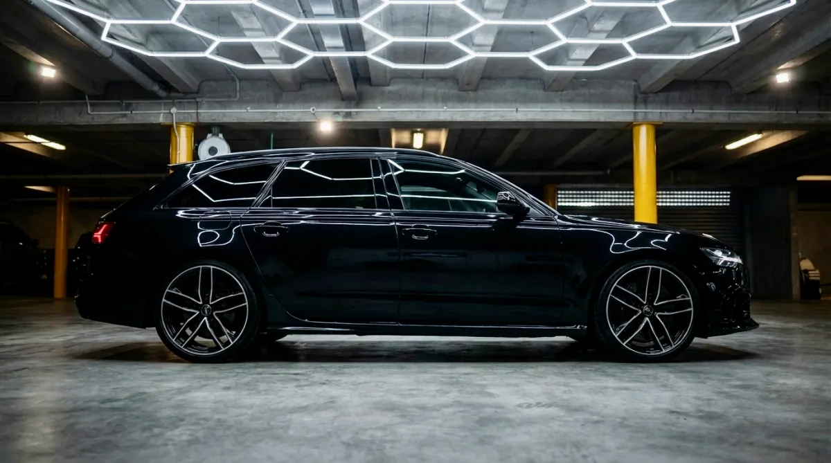 Close-up of a shiny orange convertible sports car.