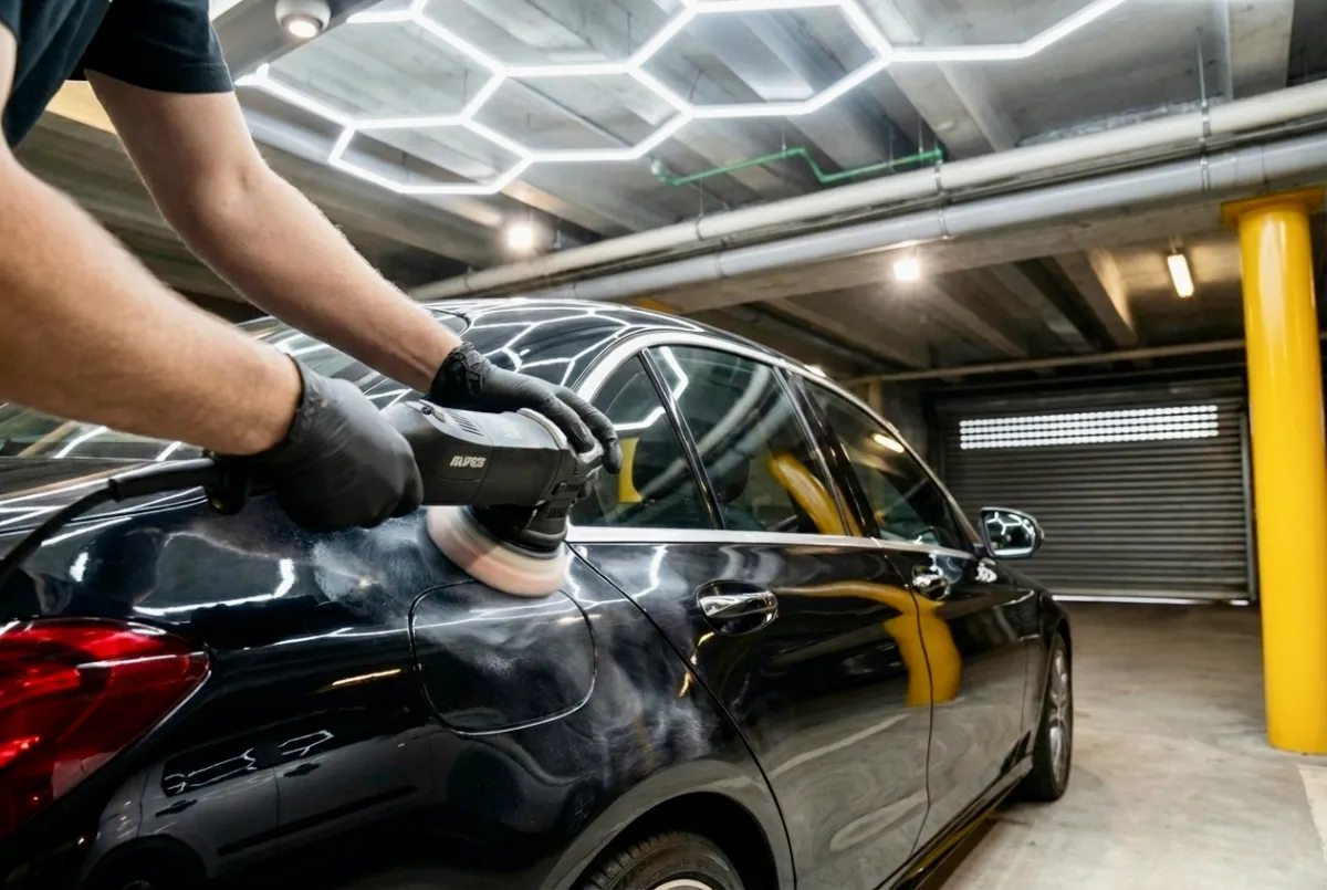 A sleek, white car parked near a building.