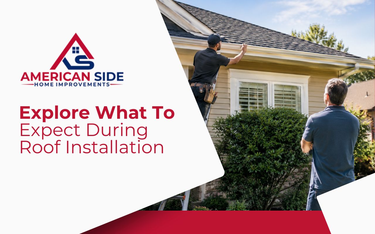 Homeowner preparing for roof installation with a roofing crew outside