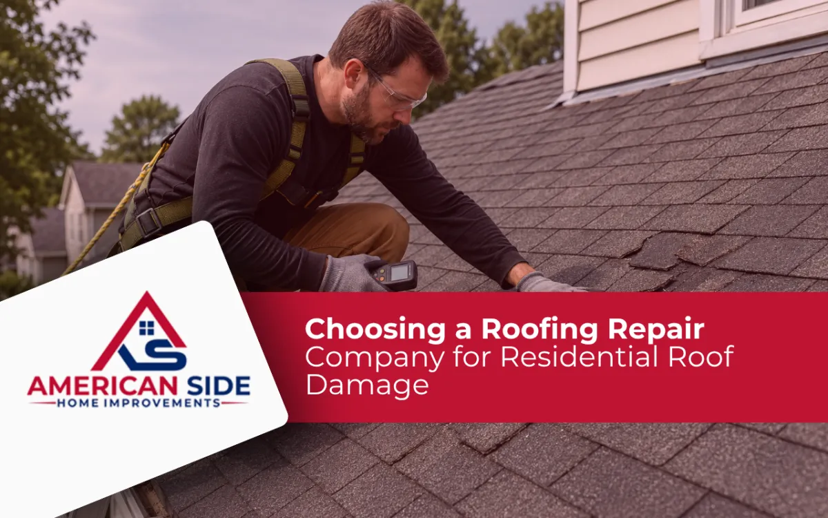Roofing repair company evaluating damaged residential shingles
