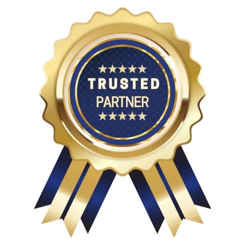 Gold badge and ribbon that says “Trusted Partner” with 5 gold stars across the top and bottom showcasing that our clients trust us and the services we provide.