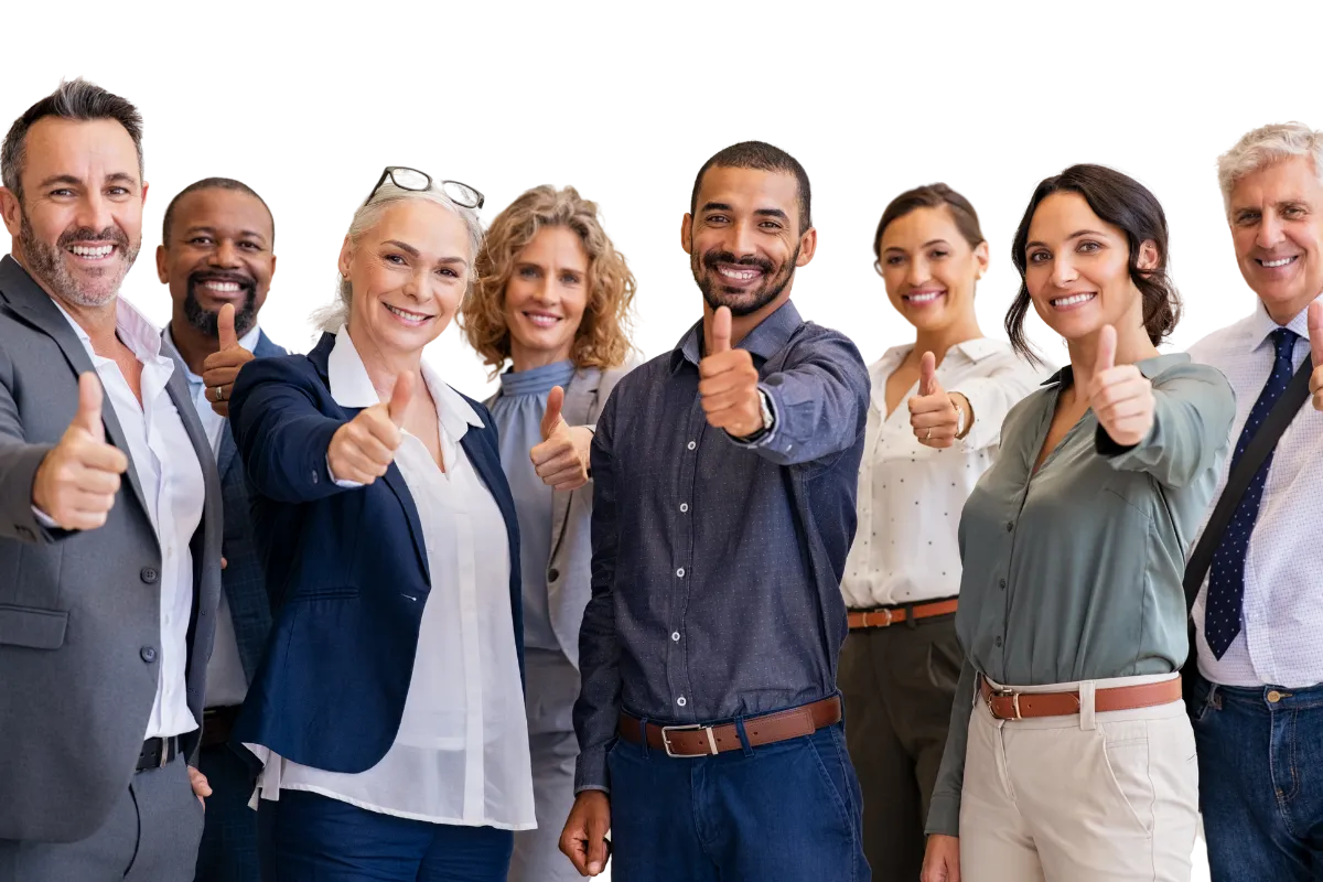Group of coworkers smiling and giving thumbs up, indicating our company is a great place to work with a healthy work–life balance.