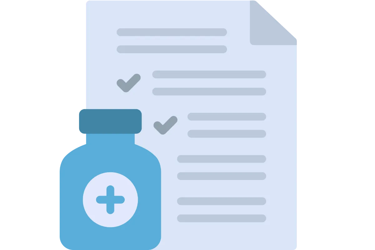 Icon of document with check marks and a pill bottle symbolizing formulary coverage checks for prescriptions.