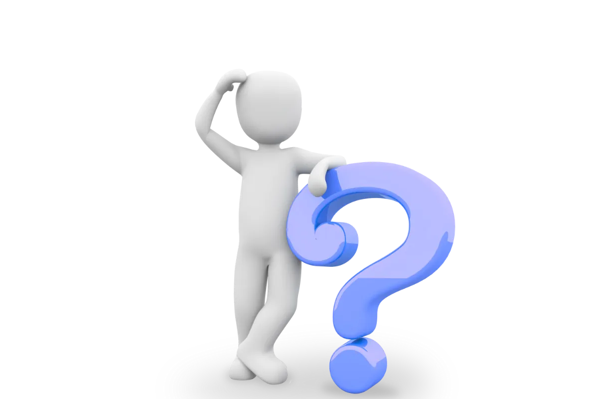 Person figure with a lightbulb overhead leaning on a giant question mark thinking about FAQs.