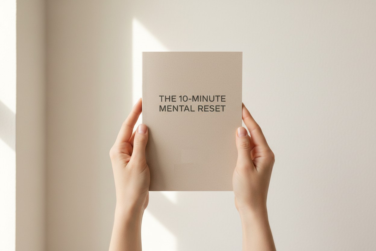 The 10-Minute Mental Reset booklet held in hands