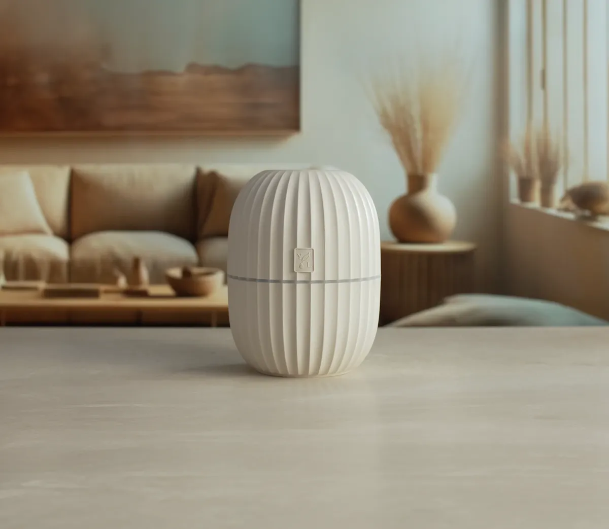 Young Living Cactus diffuser in a calm, low-tox living room