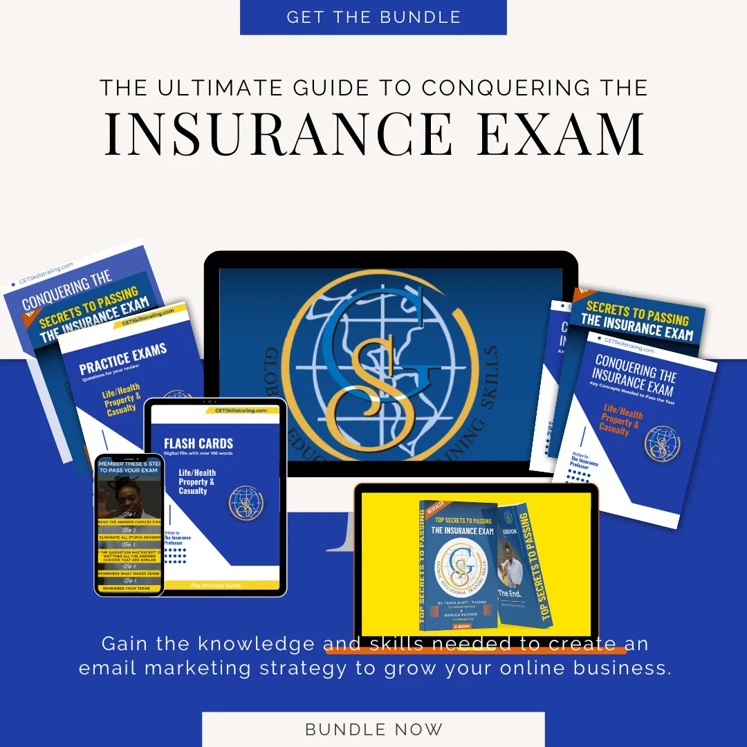 Two distinct course brochures, one for Property & Casualty and one for Life & Health, displayed on a clean desk with pens and a coffee mug. Each brochure features bold colors and clear titles, representing the two main insurance licensing paths.