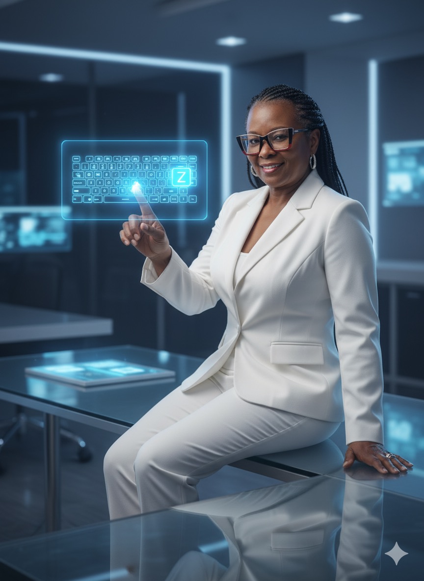 A smiling customer support representative with a headset sits at a bright desk, typing on a laptop. The workspace includes a notepad, pen, and a small plant, creating a welcoming and helpful atmosphere for prospective students seeking information.