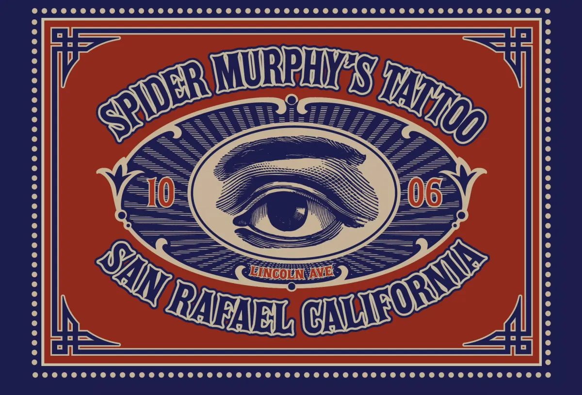 Decorative poster-style traditional tattoo flash sheet on dark paper with ornate borders and muted gold highlights.