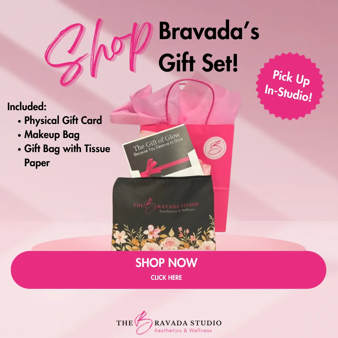 Shop Bravada’s Gift Set. Includes a physical gift card, makeup bag, and gift bag with tissue paper. In-studio pickup available. ‘Shop Now’ button shown.”