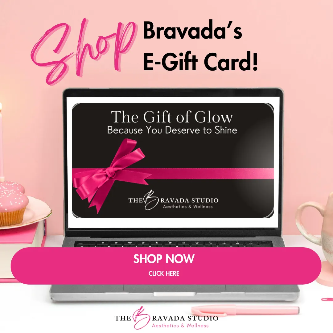 “Shop Bravada’s E-Gift Card. Computer screen displaying the gift card with the words ‘The Gift of Glow – Because You Deserve to Shine.’ Includes a ‘Shop Now’ button.