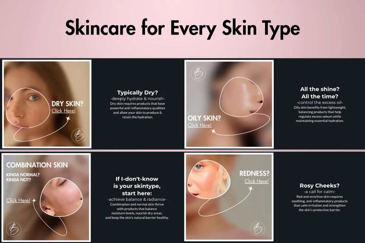 Skincare options for dry skin, oily skin, combination skin, and red skin. 