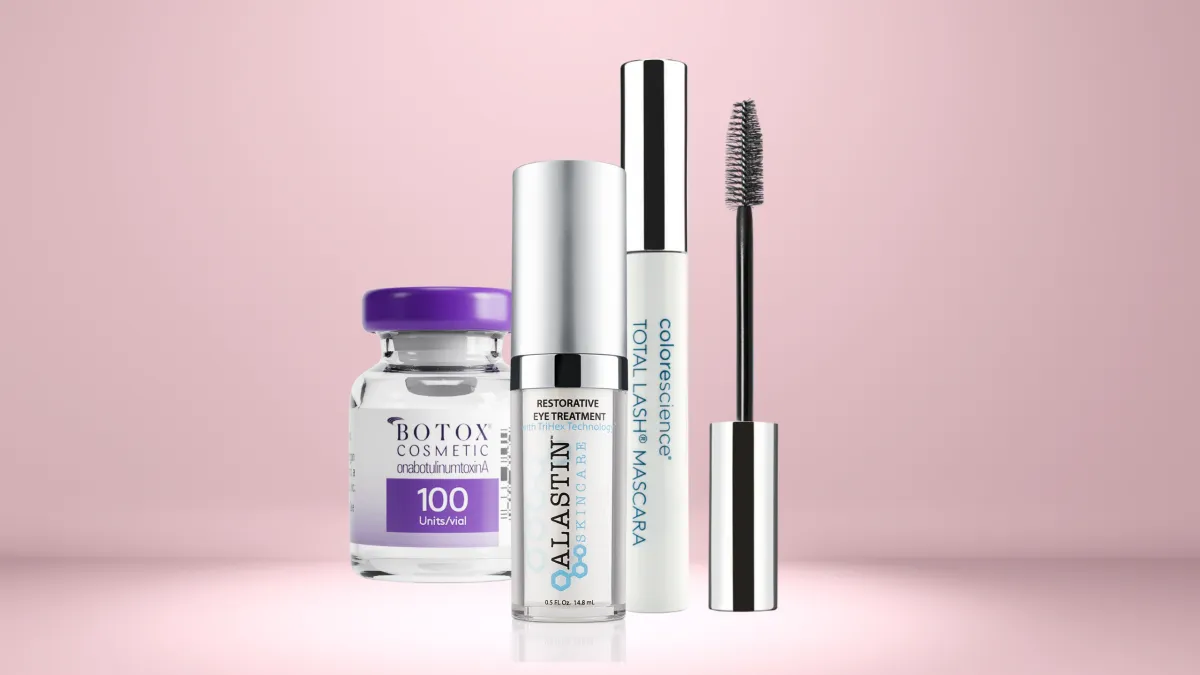 Botox container, Alastin's Restortaive Eye Treatment, and Colorescience's Total Lash mascara to make up Bravada's solution for hooded eyelids