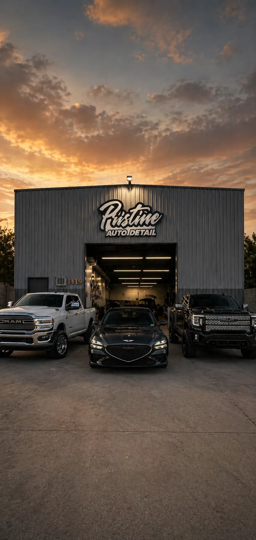 pristine auto detail shop with cars outfront