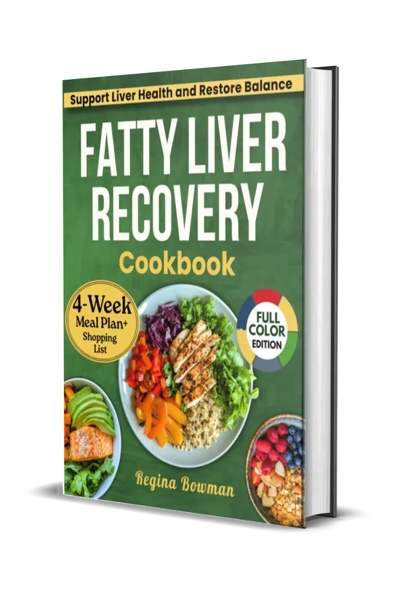 Cover of Fatty Liver Recovery Cookbook by Regina Bowman featuring healthy meals