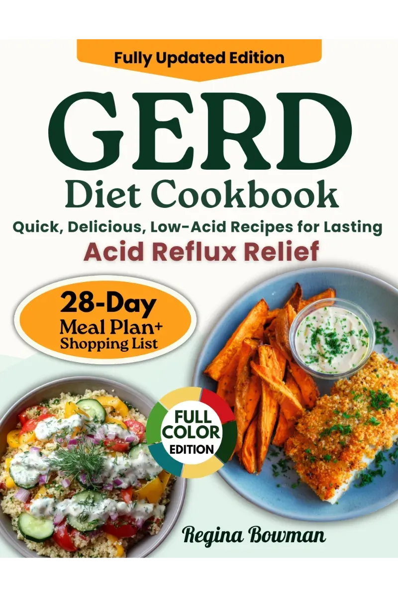 Cover of GERD Diet Cookbook by Regina Bowman with acid reflux friendly recipes