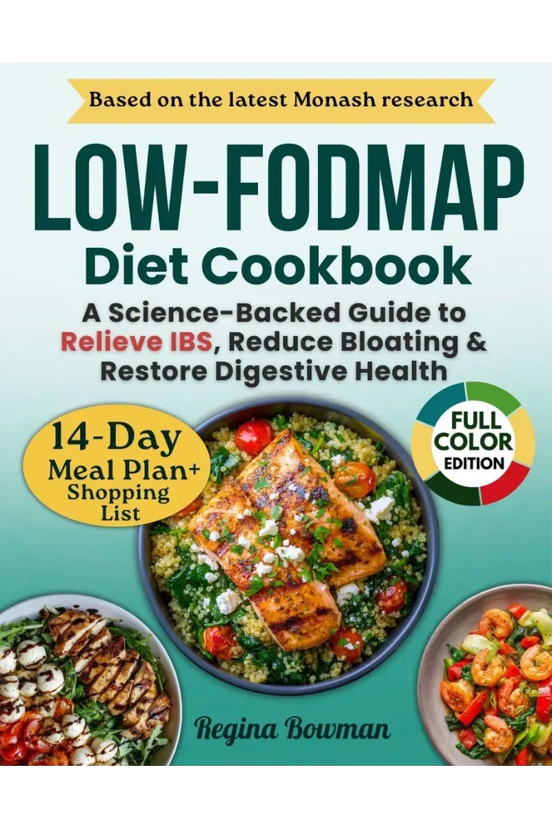 Cover of Low-FODMAP Diet Cookbook by Regina Bowman focusing on gut health
