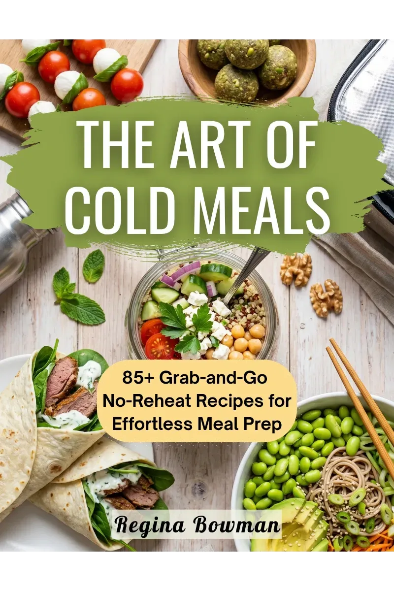 The Art of Cold Meals cookbook cover by Regina Bowman, highlighting 85+ grab-and-go, no-reheat healthy recipes for effortless meal prep.
