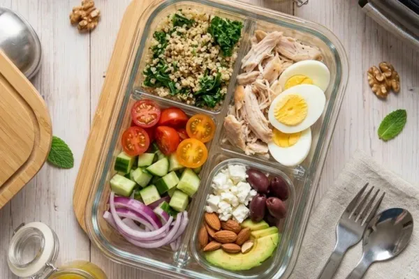 Glass bento box with healthy cold meal prep including quinoa, chicken, egg, veggies, and healthy fats on a wooden table.