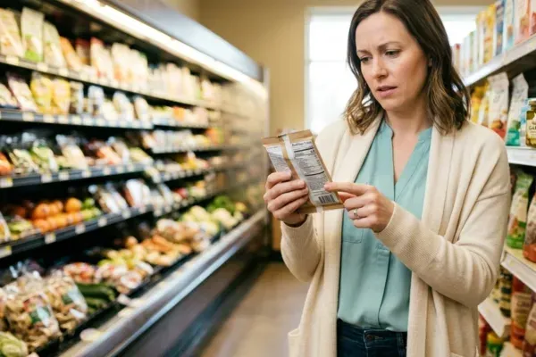 A woman carefully reading a nutrition label in a grocery store to spot hidden high-FODMAP ingredients like inulin