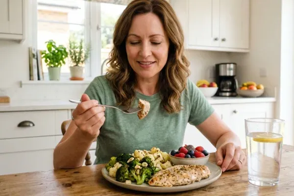 Smiling woman eating a nourishing meal of chicken, broccoli, and berries to support liver wellness and hormonal balance