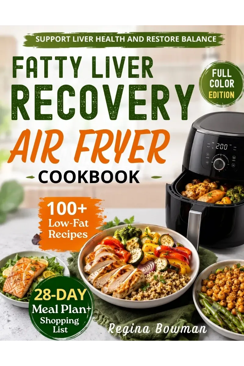 Cover of The Fatty Liver Recovery Air Fryer Cookbook by Regina Bowman. Healthy, low-fat air-fried meals and a 28-day meal plan for liver health support.