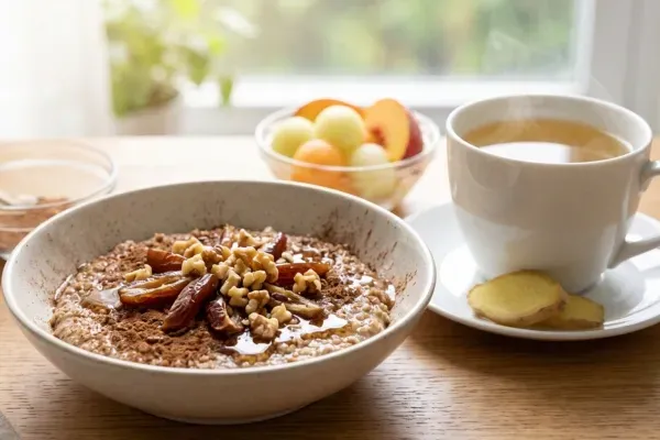 A comforting GERD-friendly breakfast bowl of oatmeal with dates and walnuts next to a soothing cup of chamomile tea.