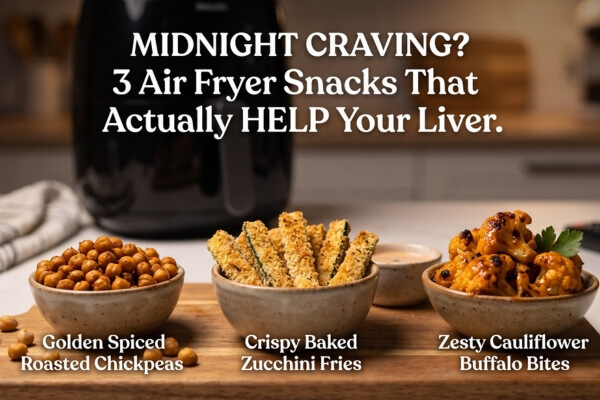Three nutrient-dense air fryer snacks—roasted chickpeas, baked zucchini (courgette) fries, and cauliflower buffalo bites—to support late-night MASLD wellness