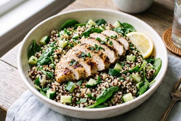 Grilled chicken and quinoa salad bowl with zucchini (courgette) and spinach to support a low FODMAP diet