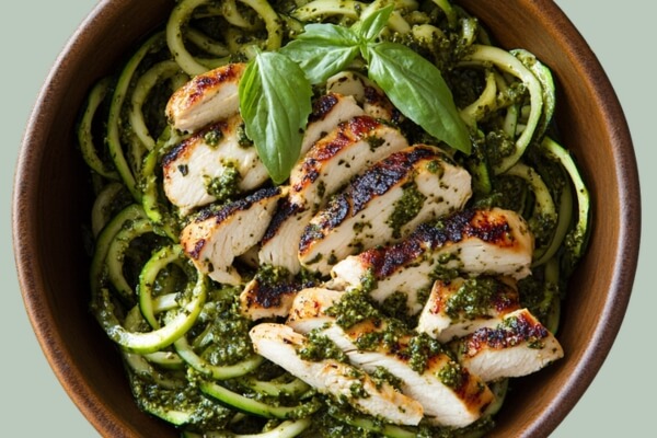 Overhead shot of grilled, sliced chicken breast seasoned with green herb pesto and a fresh basil sprig, served in a rustic dark wooden bowl on top of spiralized zucchini noodles against a muted sage green background.