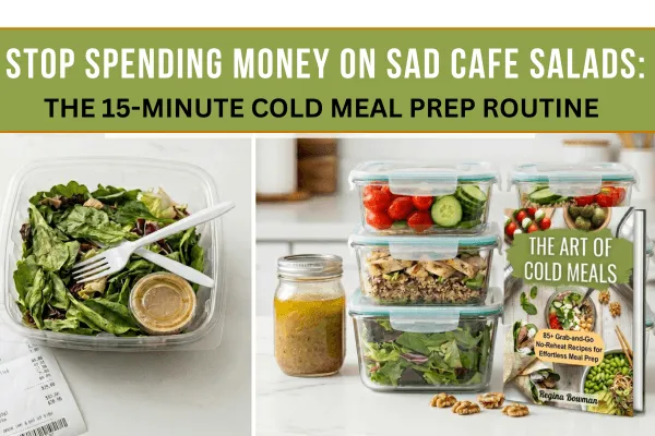 Expensive cafe salad versus healthy 15-minute cold meal prep in glass containers and The Art of Cold Meals book.